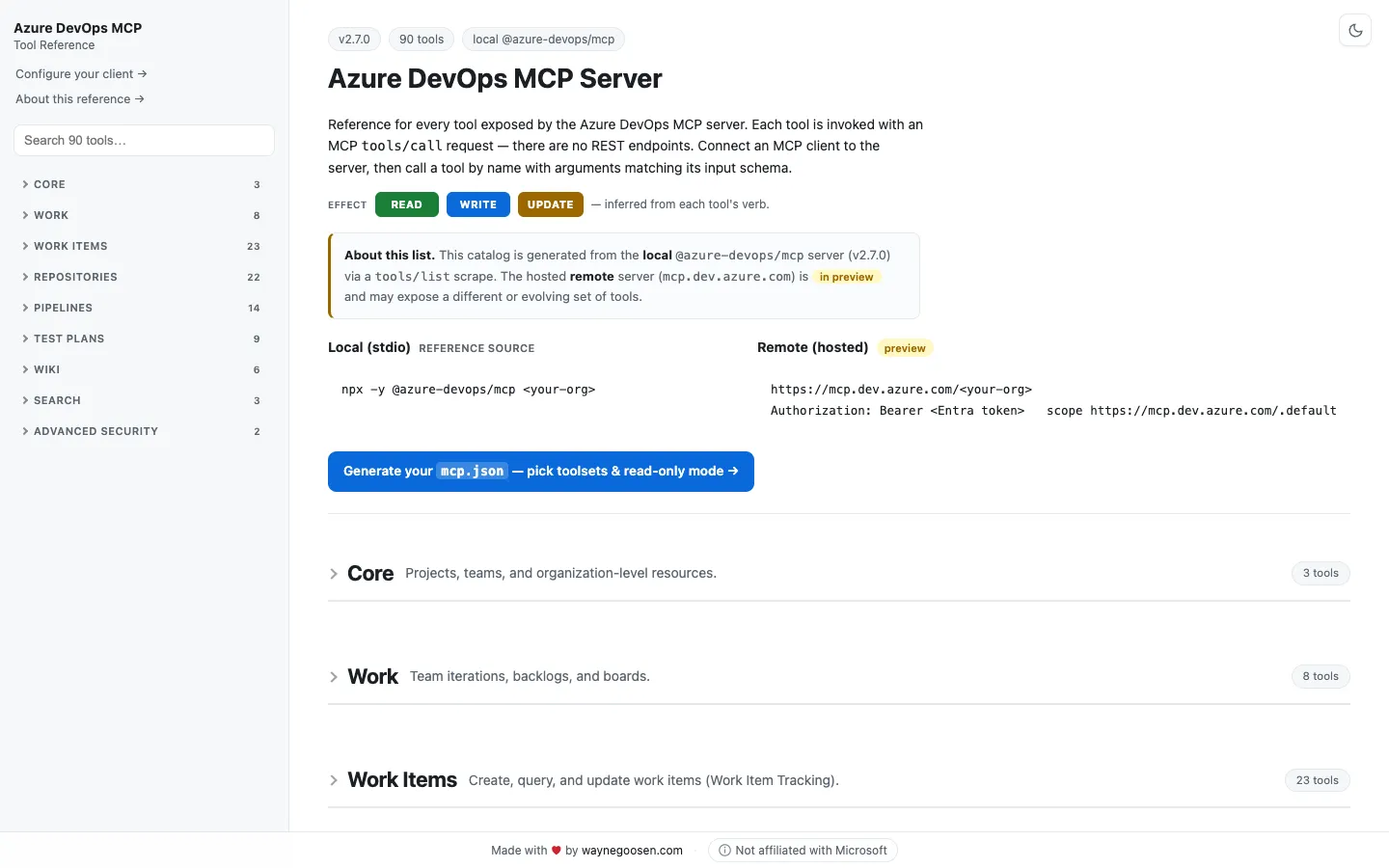 Azure DevOps MCP Reference — searchable catalog of all 90 MCP tools grouped by toolset