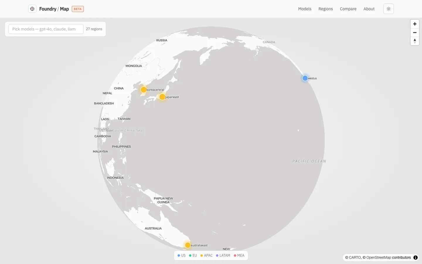 foundrymap.fyi homepage — 3D globe of Azure regions hosting AI Foundry models